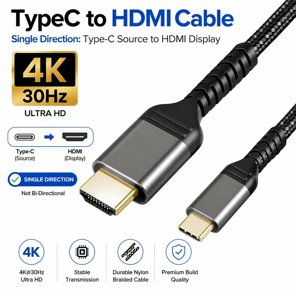 UGOjP USB C to HDMI Cable 4K@30Hz HD Video Adapter Cord Type C to HDMI Converter Cable for Laptops TV Projector Monitor