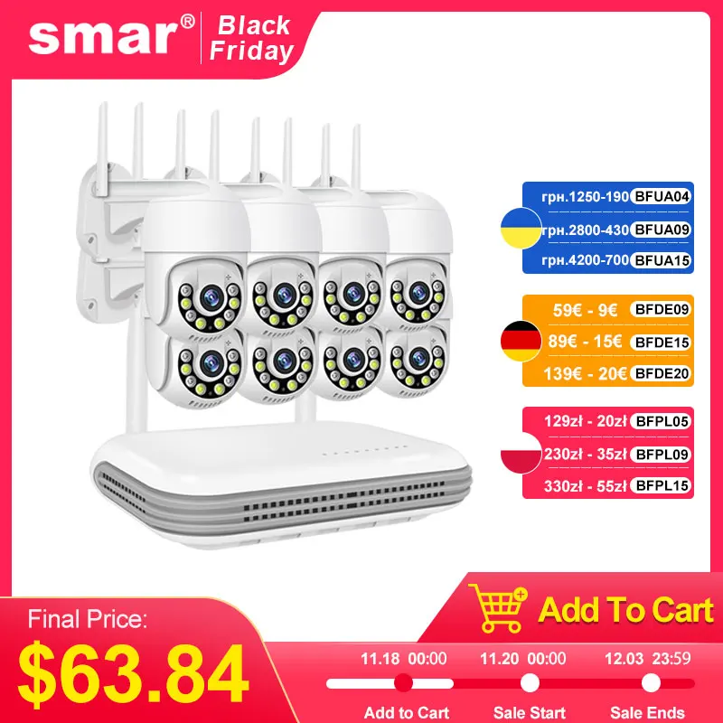 

Беспроводная система видеонаблюдения Smar, 8 каналов, 3 Мп, PTZ