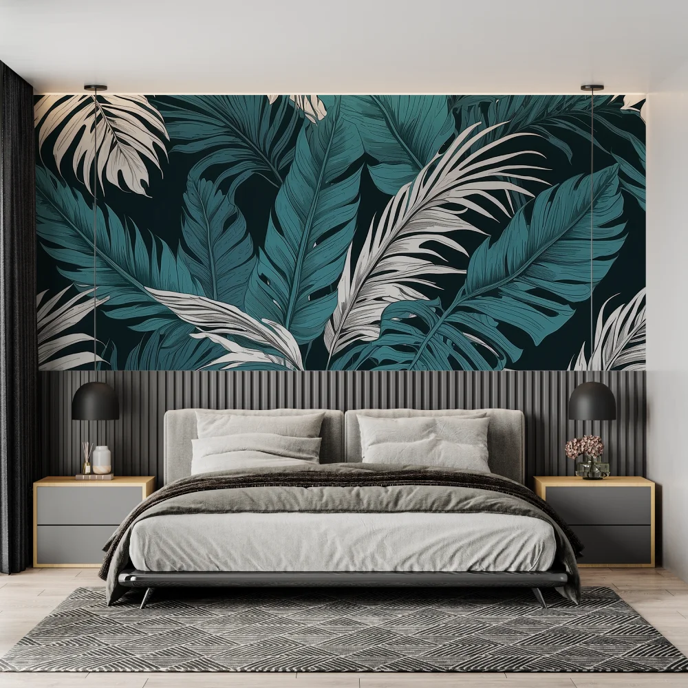 Customized mural hand-painted blue banana tree palm leaf wallpaper home decoration living room bedroom decoration painting mural