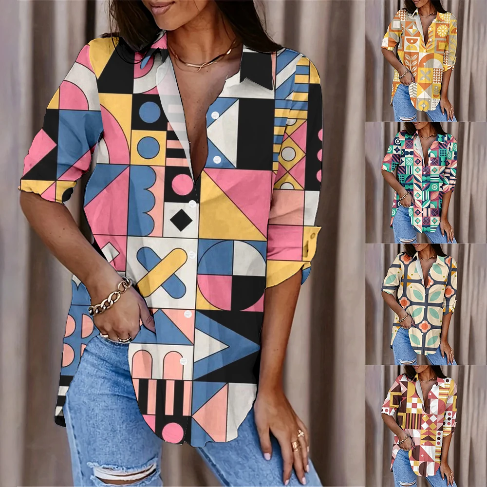 2024 Nieuwe Elegante Dames Revers Dames Dames Revers Dames Retro Geometrische Print Slank Shirt Mode Resort Stijl Lange Mouw Top