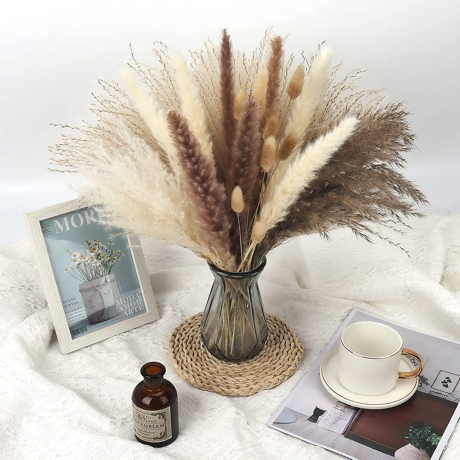 

65 pieces natural fluffy reed dried flower bouquet, bohemian style, suitable for bedroom, home table decoration, wedding decorat