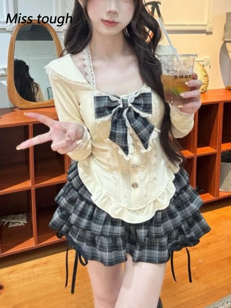 

Shorts Outfits 2 Piece Sets Sweet Summer Women's Clothing Lolita Style Bow Lace Slim Waist Tops High Waisted Skirt Pants Suit