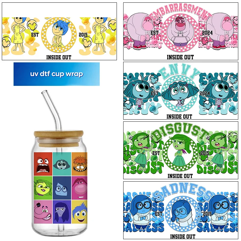 popular inside Out 2 design 16OZ UV DTF Cup Wraps Transfer Sticker For Glass Libbey Can Bottle Selfadhesive Washable DIY decor