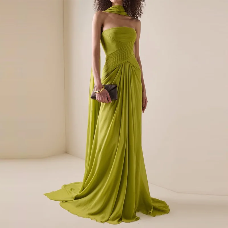 Fashion Women Off The Shoulder Floor-length Dress Strapless Backless Pleated Long A Line Elegant High Waist Solid Banquet Gowns