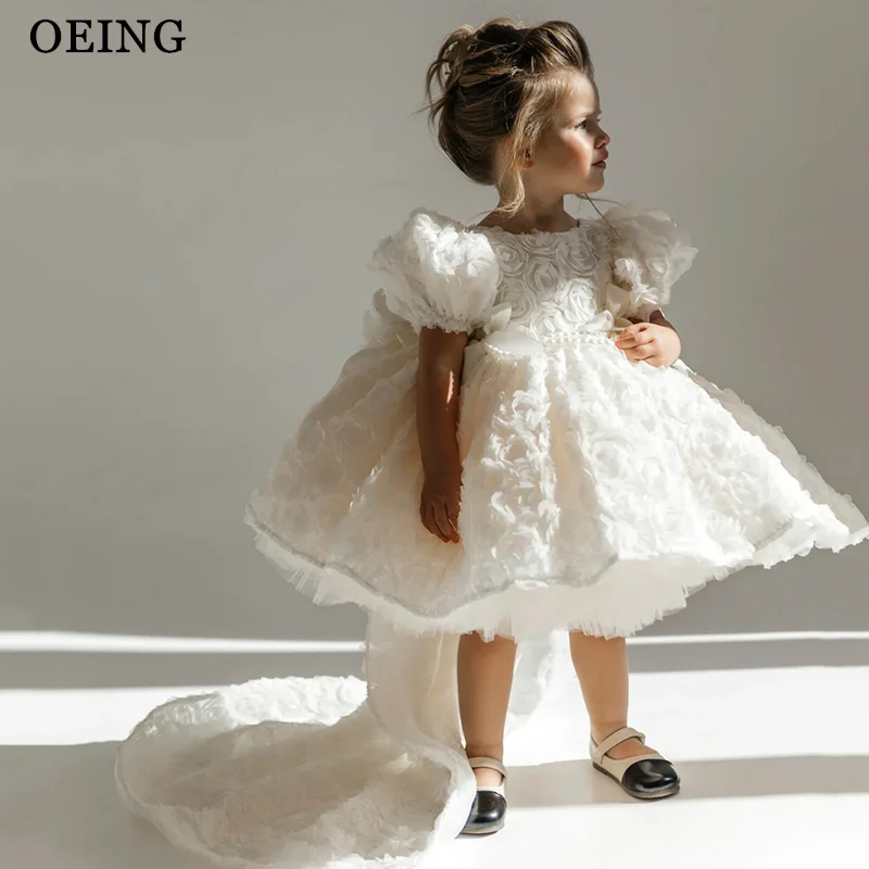 OEING Dreamy A-Line Flower Girl Dresses Flowers Midi Wedding Party Dress Princess Girl Birthday Dress With Train Customized