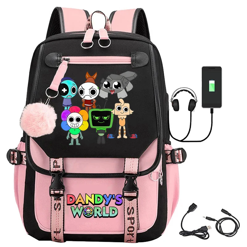 Fashion Dandys World Print Backpack for Girls Student Teenager Large Capacity USB Bookbag Women School Bag Dandys World Bag Gift