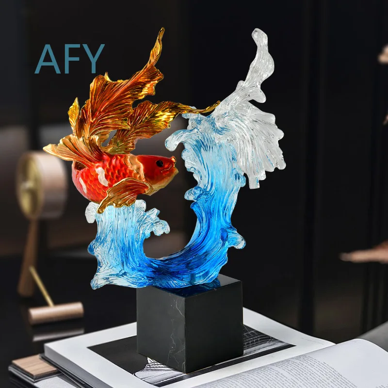 Lucky Koi Feng Shui Enamel Decoration for New Chinese Style Office Bar Cabinet Display Opening Gift