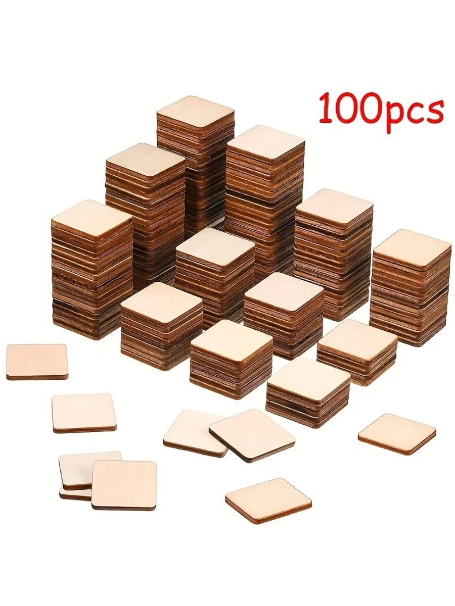 100 Pieces Wooden Square Blocks Wood Chips (25mm/1 inch) Square Round Corner Blank Wood Chips for DIY Square Wood Chips for Craf