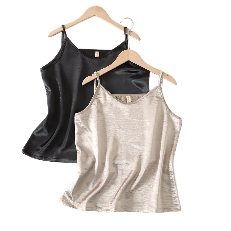 

Simple Satin Spaghetti Strap Vest Women Spring Summer V-neck Solid Color Suspender Top Tee Versatile Basic T-Shirt