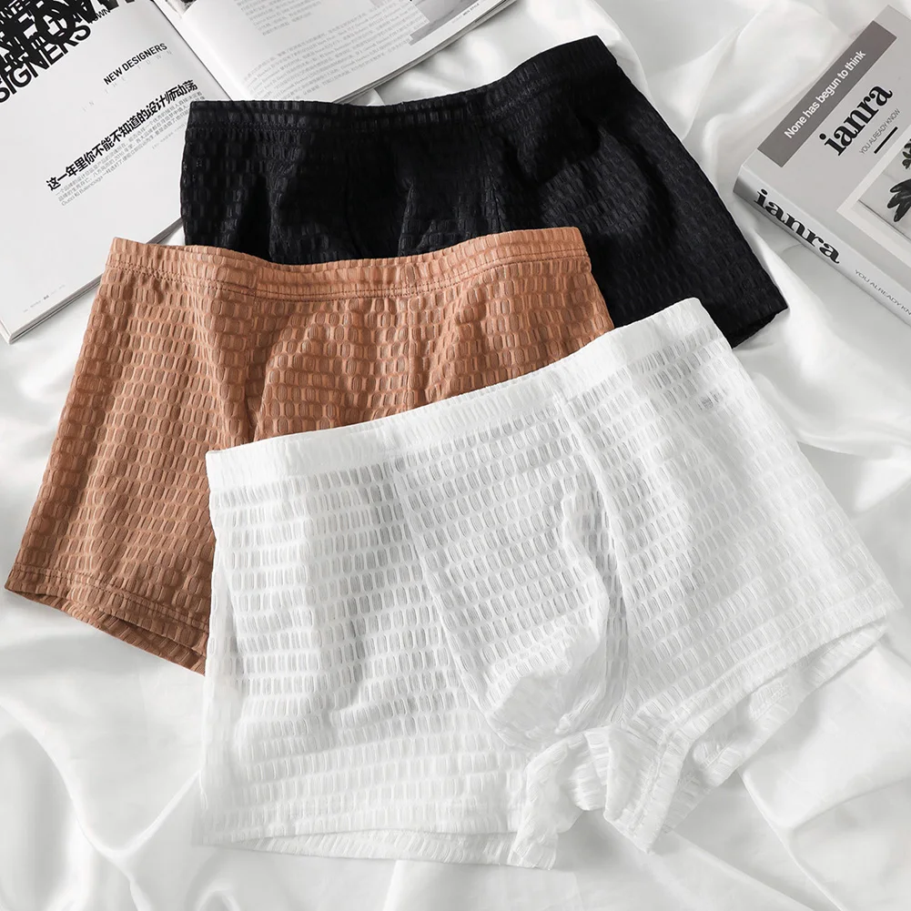 Men\'s Mid Rise Boxer Shorts Underwear with Breathable Mesh Fabric Solid Pattern and Transparent Trunks for Daily Use