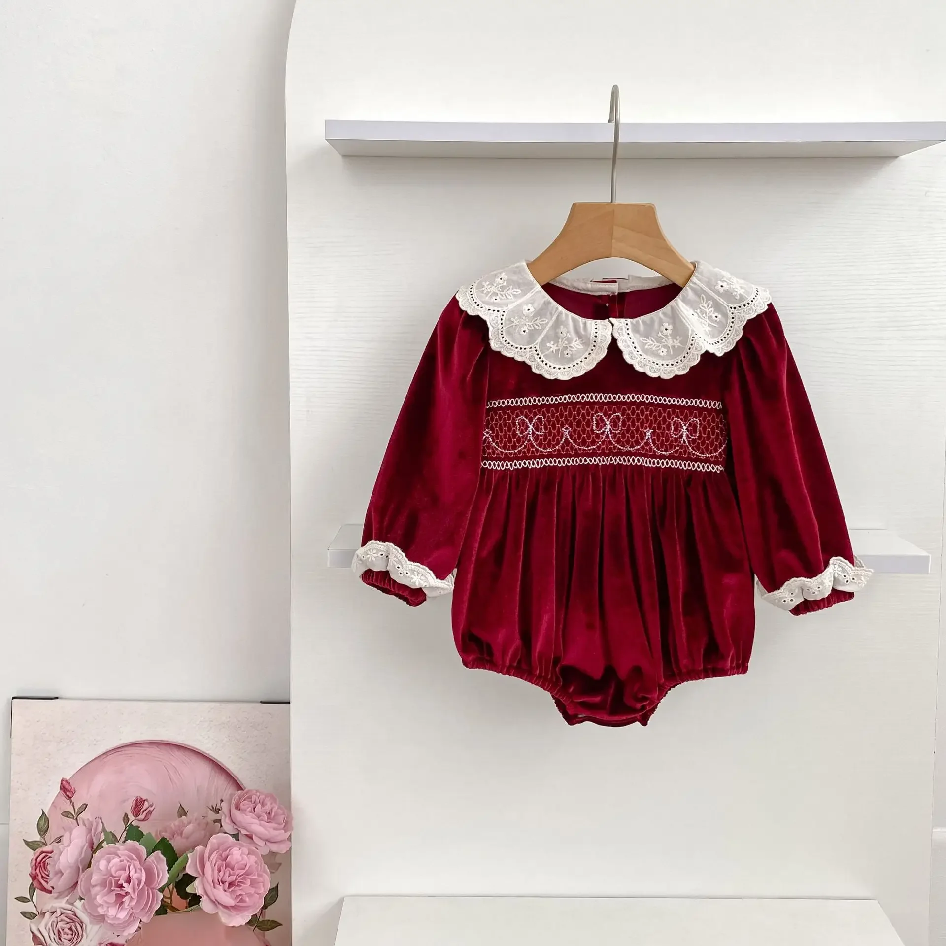 

Newborn Baby Girl Romper Winter Doll Collar Red Velvet Triangle Bodysuit Christmas Festive Infant Jumpsuit