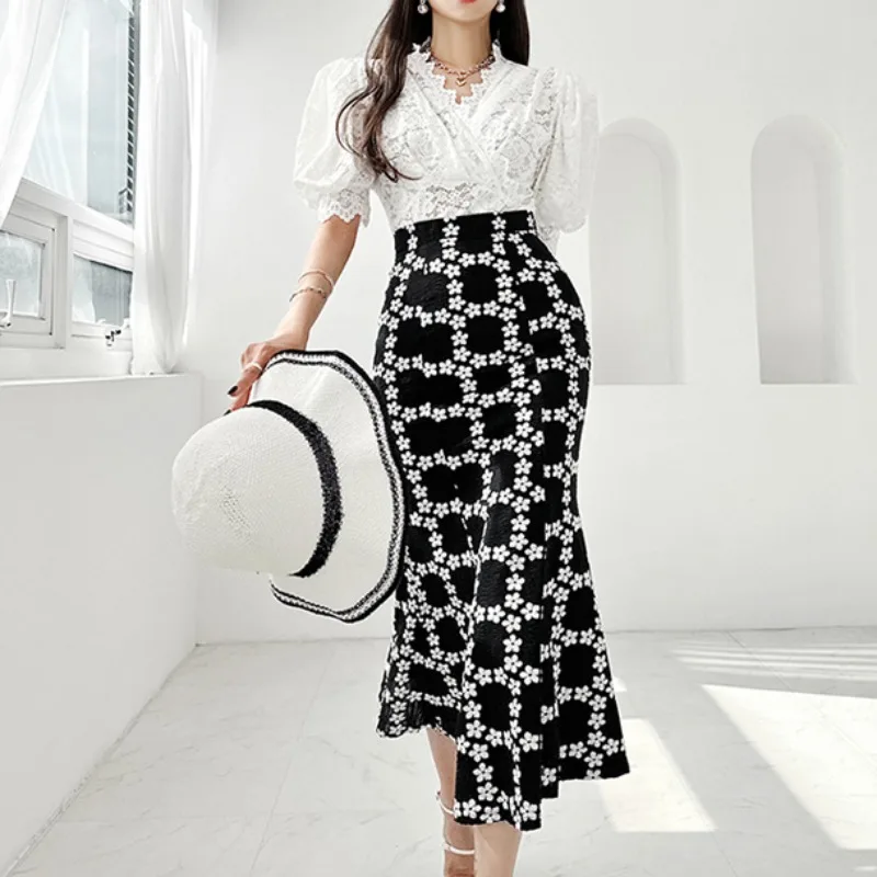 Chic Lace White Tops + Black Skirts Women Elegant Korean Fashion Summer Two Piece Sets Office Lady Business Vintage Skirts Sets