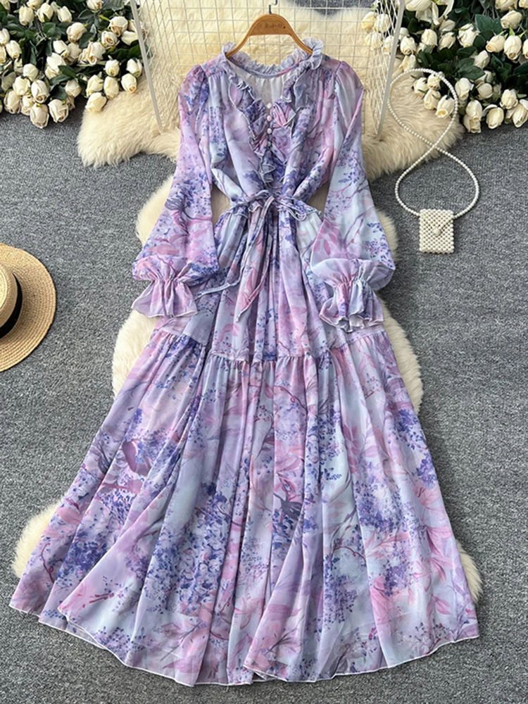 Langärmliges Chiffon-Kleid für Damen im Frühling und Herbst mit Holzohrkante, Taillenabschluss, florales Urlaubskleid mit großem Saum, langes Kleid D2460