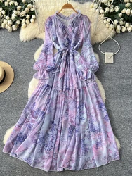 Women's Spring Autumn Long Sleeved Chiffon Dress with Wooden Ear Edge Waist Closing Floral Holiday Big Hem Long Dress D2460
