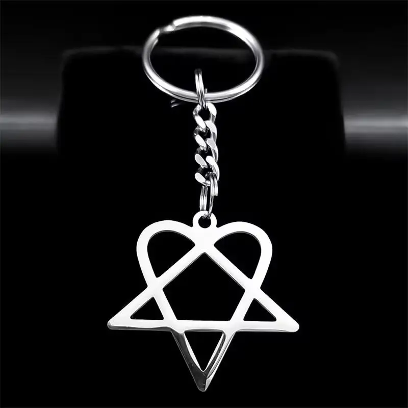 Rock Music Him Heartagram Star Heart Key Ring Stainless Steel Silver Color Men Women Bag Charm Keychain Party Gift Jewelry