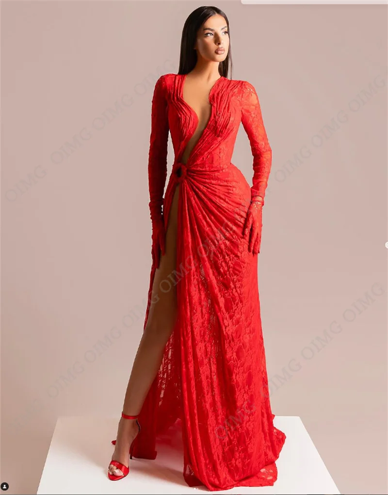 OIMG Sexy Red Lace Evening Dresses Sweetheart Neck Long Sleeves Illusion Prom Gowns Floor Length High Slit Mermaid فساتين السهرة