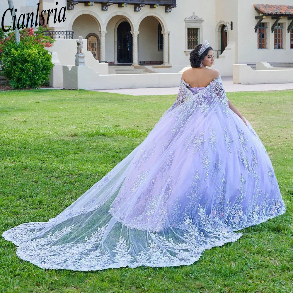 Vestido De quinceañera lila con tirantes finos, vestido De quinceañera con capa, apliques florales, corsé De encaje, Vestidos De XV Años