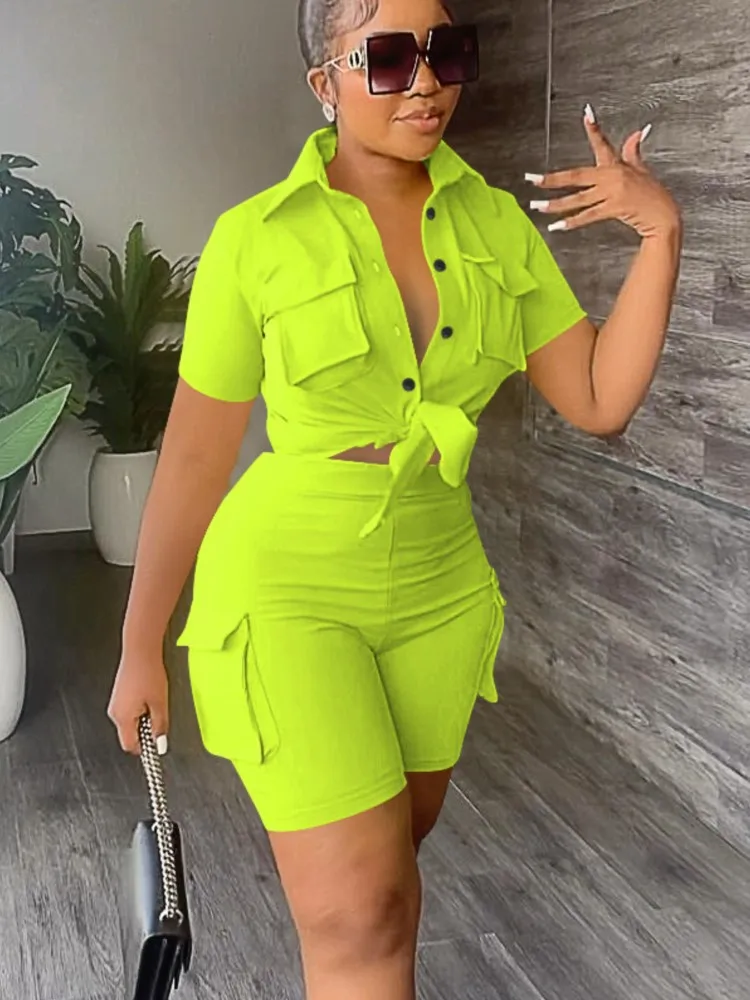 

Women Two Piece Shorts Set Outifit Summer Fashion Solid Turn-Down Collar Short Sleeve Shirts Top & Casual Pocket Streetwear Sets