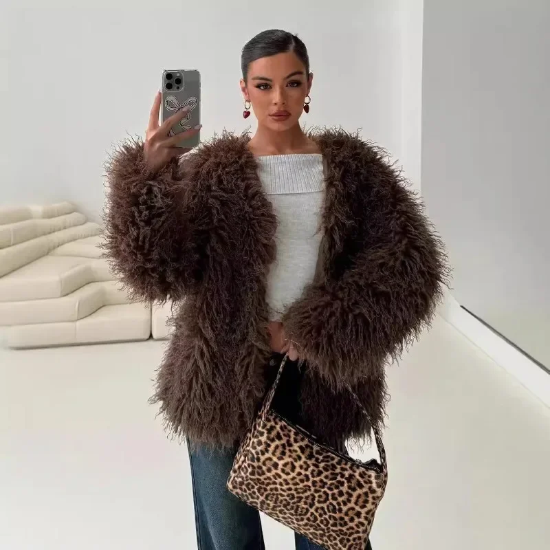 Women's Faux Fur Coat Imitation Fur Jacke Chocolate Colored Autumn and Winter New