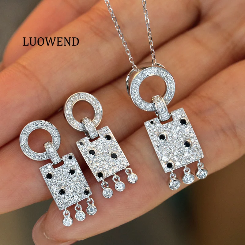 

Ювелирный набор LUOWEND: колье и серьги из 100% белого золота 18 карат с натуральными черно-белыми бриллиантами, модный дизайн, высокое качество