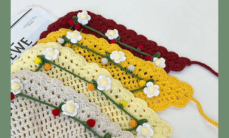Französischer pastoraler Stil, gestricktes, florales Dreieck-Kopftuch für Mädchen, personalisiertes Kopftuch für Fotoshootings mit Bindeband, 3D-Blumen-Haarband – Detail 7