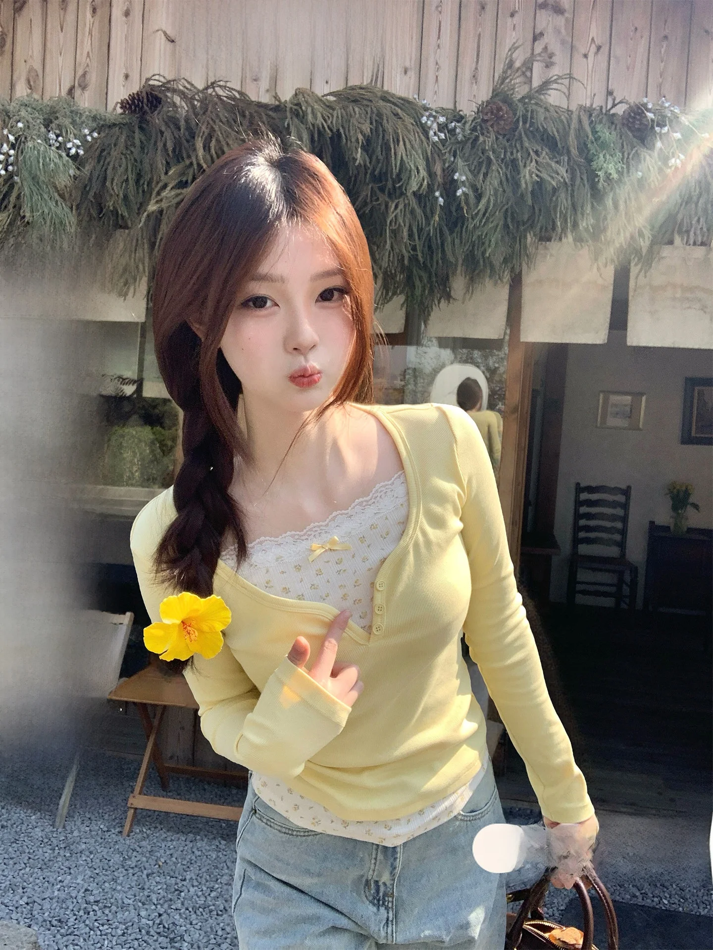 

Spring New Style Long Sleeve Slim Fit Floral Patchwork T-Shirt Women's Yellow False Two-Piece Top Commute Korean Style