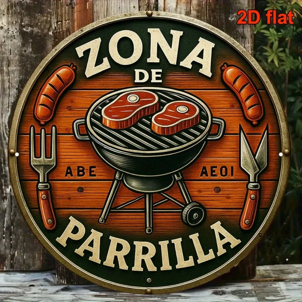 8' Retro Metal Spanish Barbecue Sign, Zona De Parrilla Outdoor Decor for Patio, Rustic Grill Room Wall Art