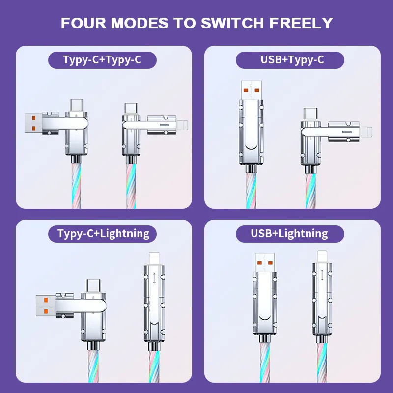 4-in-1 كابل بيانات Rgb ضوء ملون شحن سريع نقل البيانات مفتاح مجاني 4 واجهات كابل شحن متين مضيء