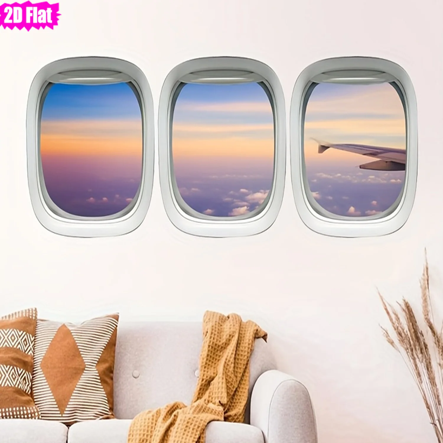 Set Of 3 Airplane Porthole Cloud‑Sea View Wall Stickers Single Size 20x27cm Realistic Airliner Small Window Shape
