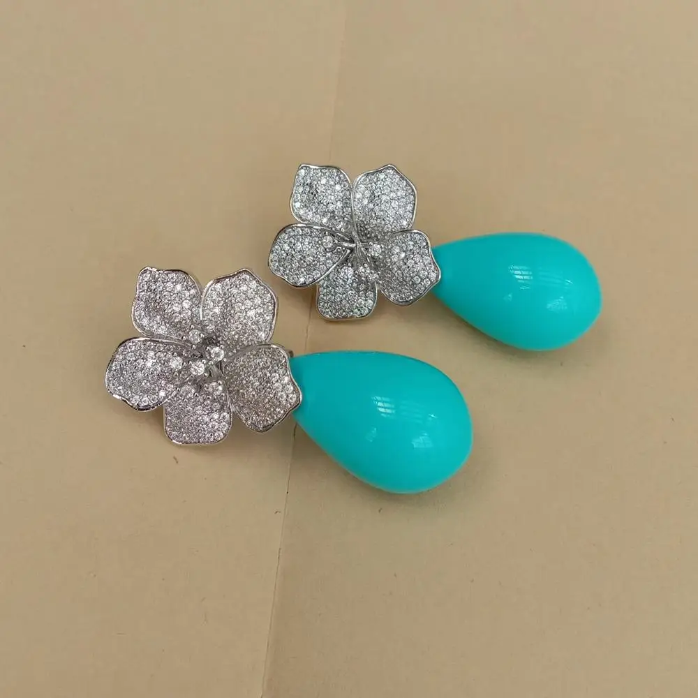 YYGEM 16x27mm Blue Sea Shell Teardrop Cz Pave Flower Stud Gold Plated Stones Earrings Party Elegant Jewelry Dropshipping view 5