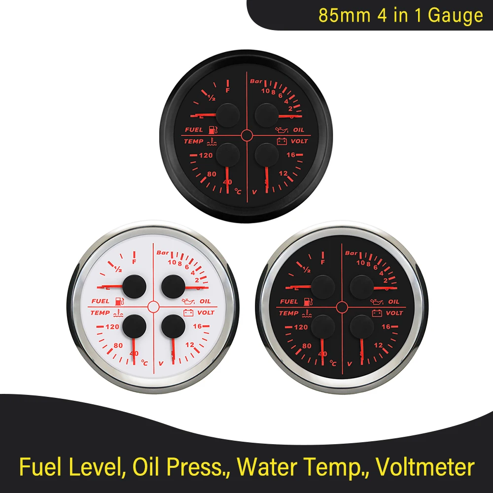 ELING 85mm Fuel Level 0-190 ohm 240-33 ohm Oil Pressure Water Temp Voltmeter 4 in 1 Multi-function Gauge Red Backlight 12V