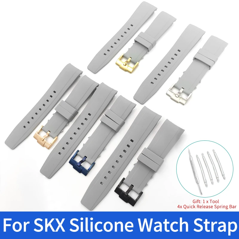 22mm Grey Silicone Strap Bracelet Curved End Waterproof For SKX/SRPD Tang Buckle High-Quality Supple Watch Accessories