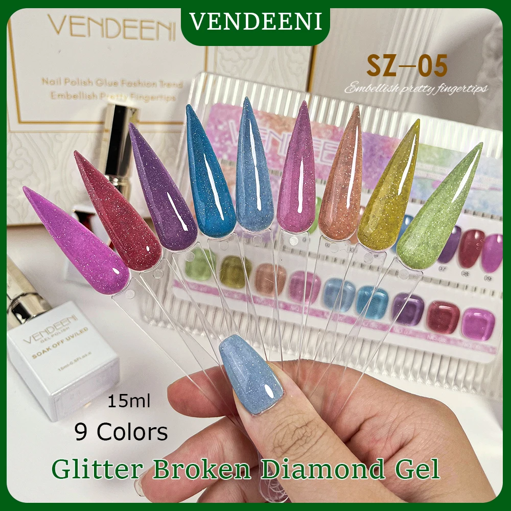 Vendeeni 15ml Macaron Rainbow Glitter Broken Diamond Gel Nail Polish 9 ColorS/set Soak Off Colorful UV LED Gel Varnish