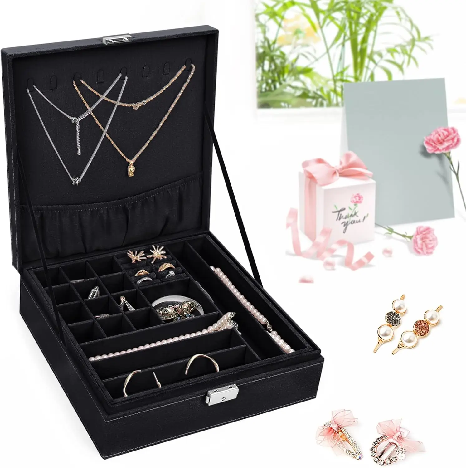 Jewelry Box Jewelry Storage Case Organizer Stackable Double Layer Lockable Display for Women Necklace Earring Bracelet Ring