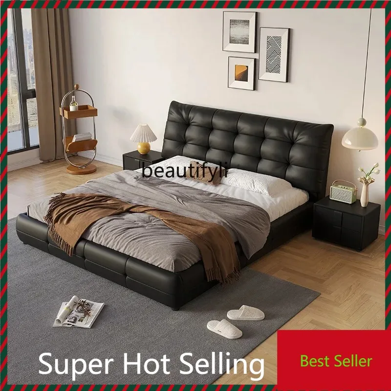 

QQ132 Genuine leather bed Simple modern light luxury leather bed High-end atmosphere, black double bed Italian minimalist