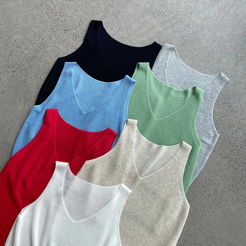 Multi-color Breathable Linen V-neck Vest For Women 2026 Summer Slimming Sleeveless Tank Top
