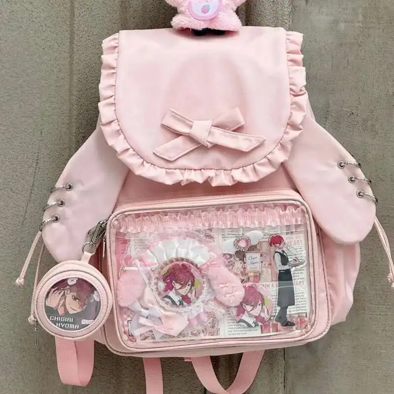 Bowkont Ruffled 일본 Y2k 배낭 투명 포켓 로리타 소녀 가방 대용량 Preppy 스타일 Itabag 토끼 귀 통증 가방