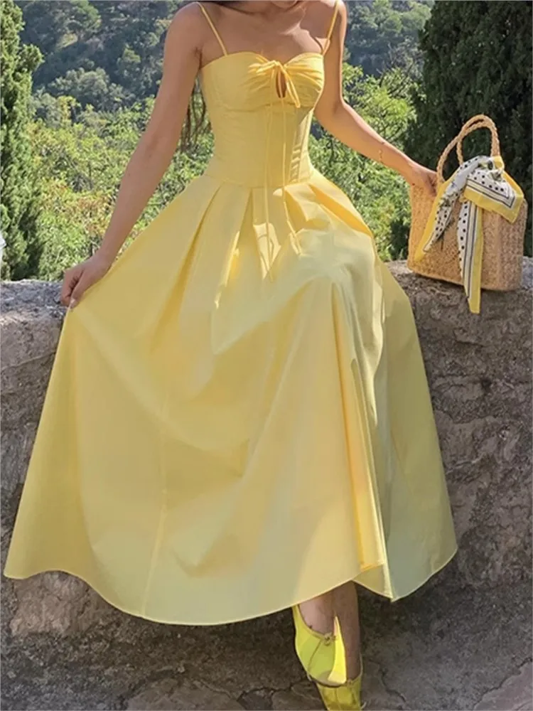 

Sling dress long dress for women French style waist slimming A-line skirt solid color temperament simple style vestidos Trendy