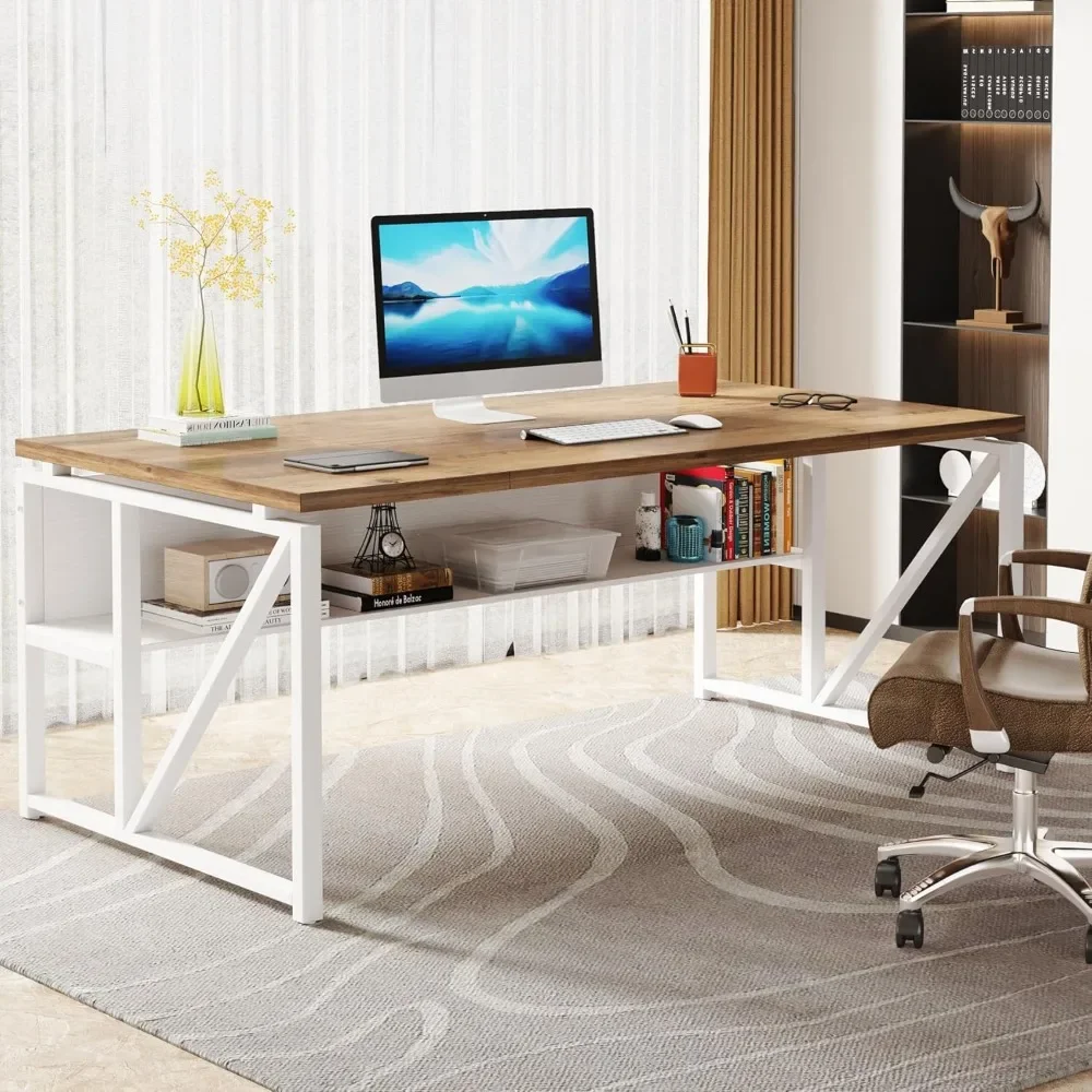 

63 inches Computer Desk with Bottom Storage Shelf Home Office Desk Writing Table for Workstation,Dark Walnut + Steel Leg