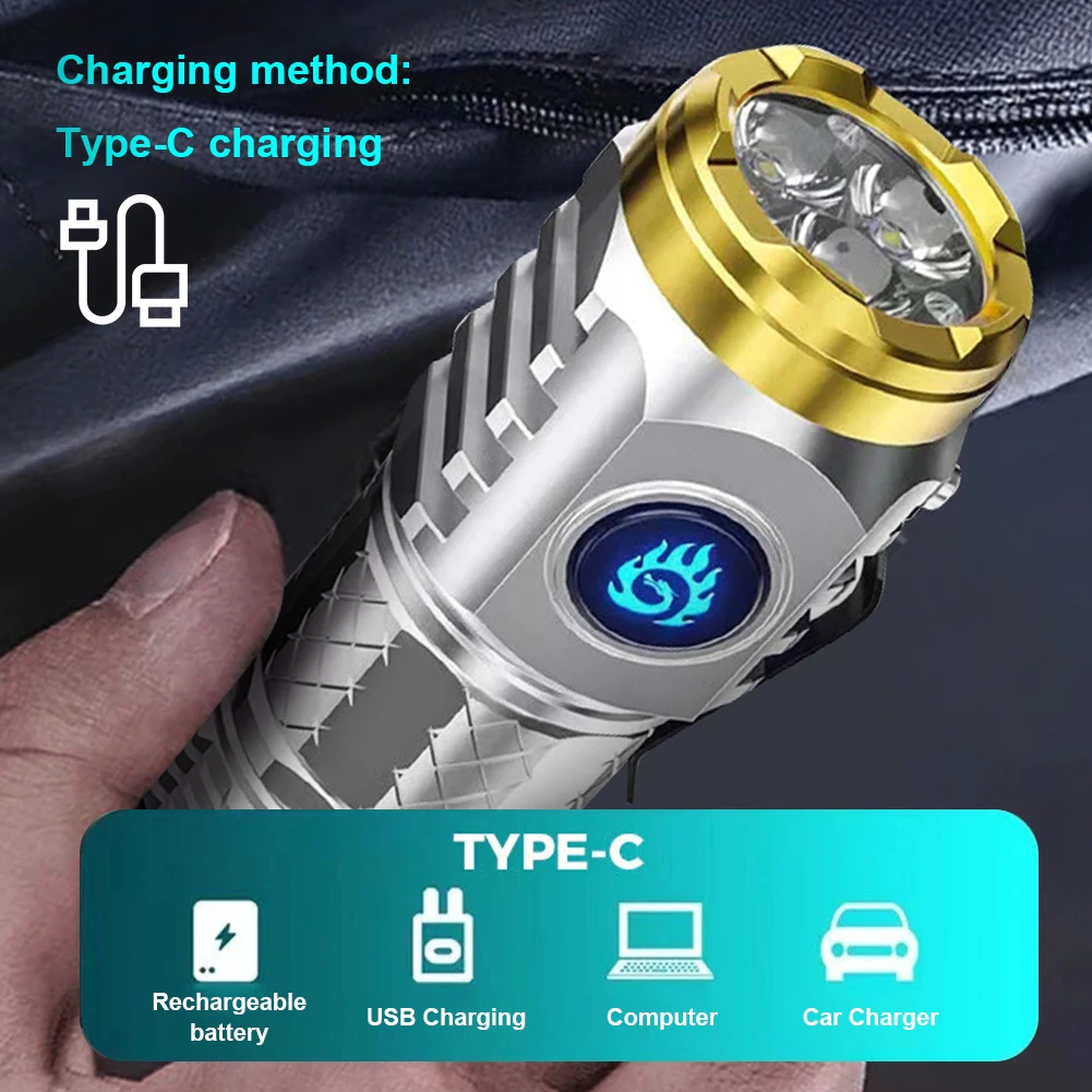 Type-C Rechargeable Waterproof Flashlight Adjustable Brightness Flash Light Super Bright Flashlight 3LED Powerful Handheld Torch