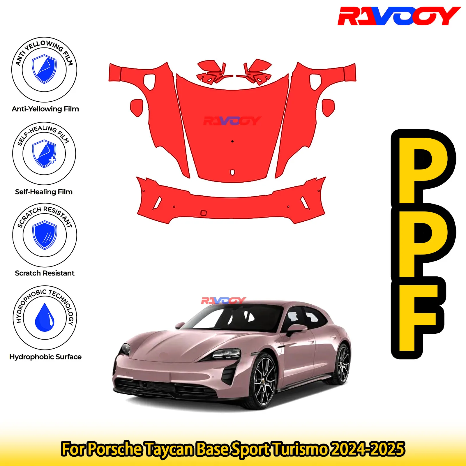 

Для Porsche Taycan Base Sport Turismo 2024-2025 глянцевая матовая черная предварительно вырезанная передняя защитная пленка PPF комплект