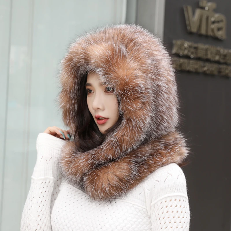 2024 Fashion Lady Real Fox Fur Hat Scarf Winter Warm Fluffy 100% Natural Fox Fur Hat Scarves Women Knitted Genuine Fur Cap Shawl