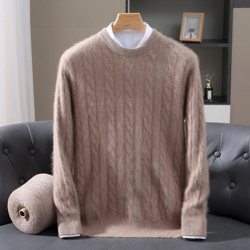 Classic Cable Pattern Long‑Sleeve Knitwear Autumn Winter Men 100% pure Mink Cashmere O‑Neck Classic Sweater Soft Warm Pullover