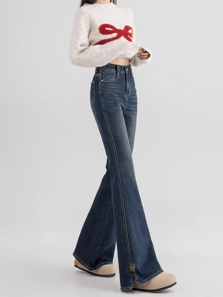 High Waist Flared Jeans Women's Spring New plus Size American Style Side Slit Bootcut Jeans Casual Wear Long Pants Denim