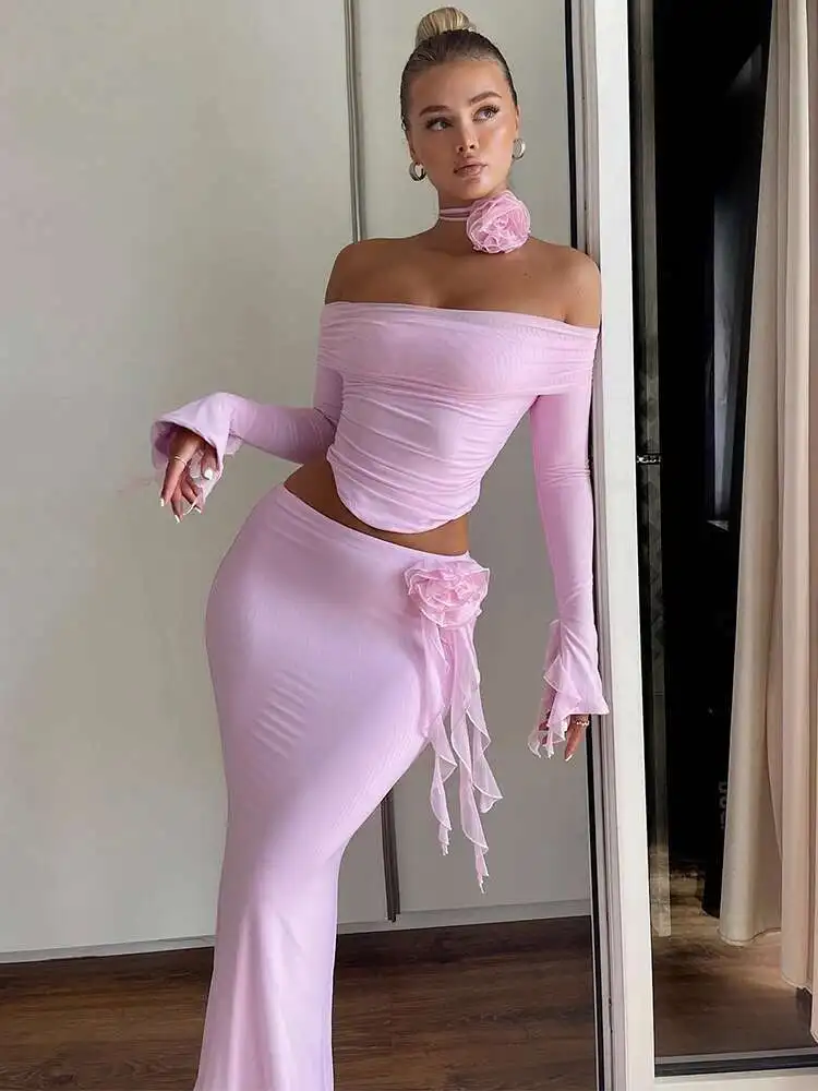 

Appliques Sexy Party Mesh Two Piece Set Crop Top And Skirts Slim Bodycon 2 Pieces Sets Women Autumn Winter Outfits