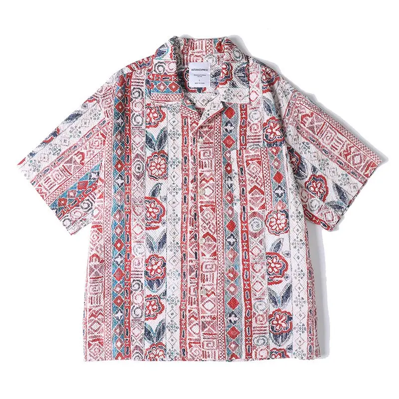 

Summer Vintage Print Seersucker Beach Shirts Men Streetwear Fashion Short Sleeve Loose Casual Shirts Blouses Tops