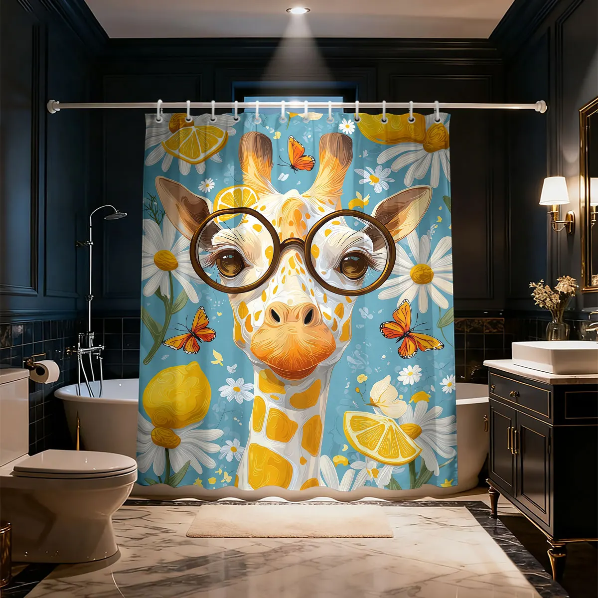 1pc Forest Giraffe Animal Printed Waterproof Shower Curtain Partition Privacy Hanging Curtain, 12 Hooks, Multiple Sizes
