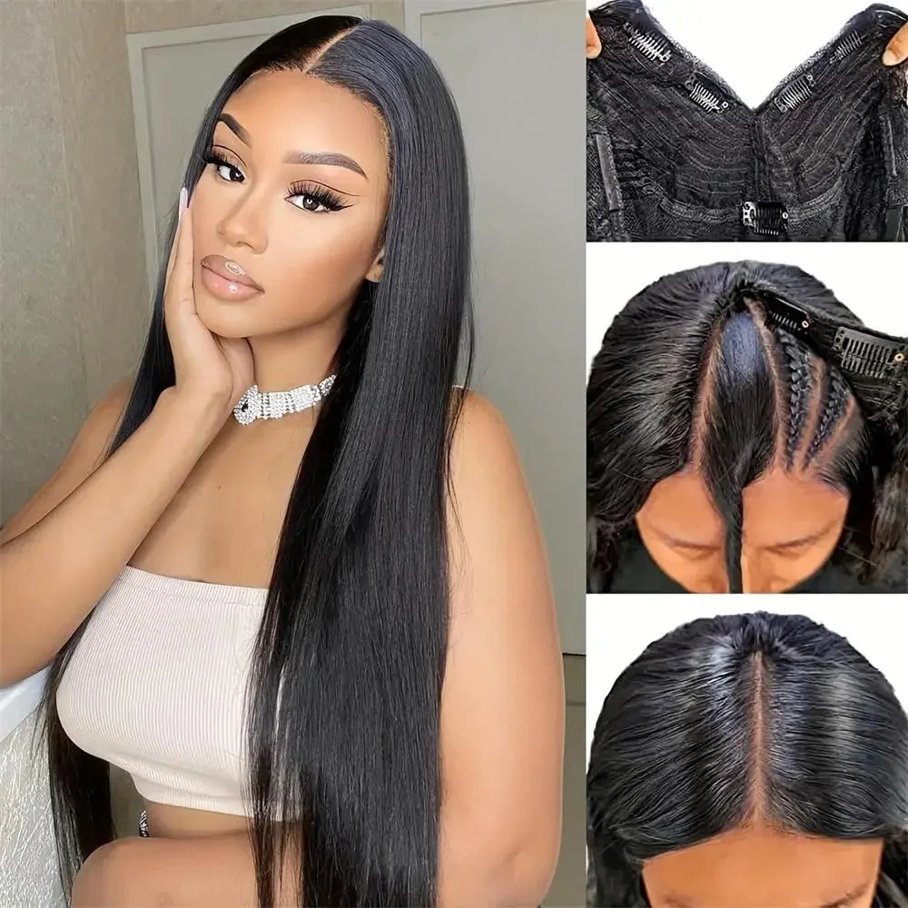 

16-36 Inch Straight Hair Wig 100% Human Hair Wig V Part Machine Made Wigs 180% 200% Density For Women
