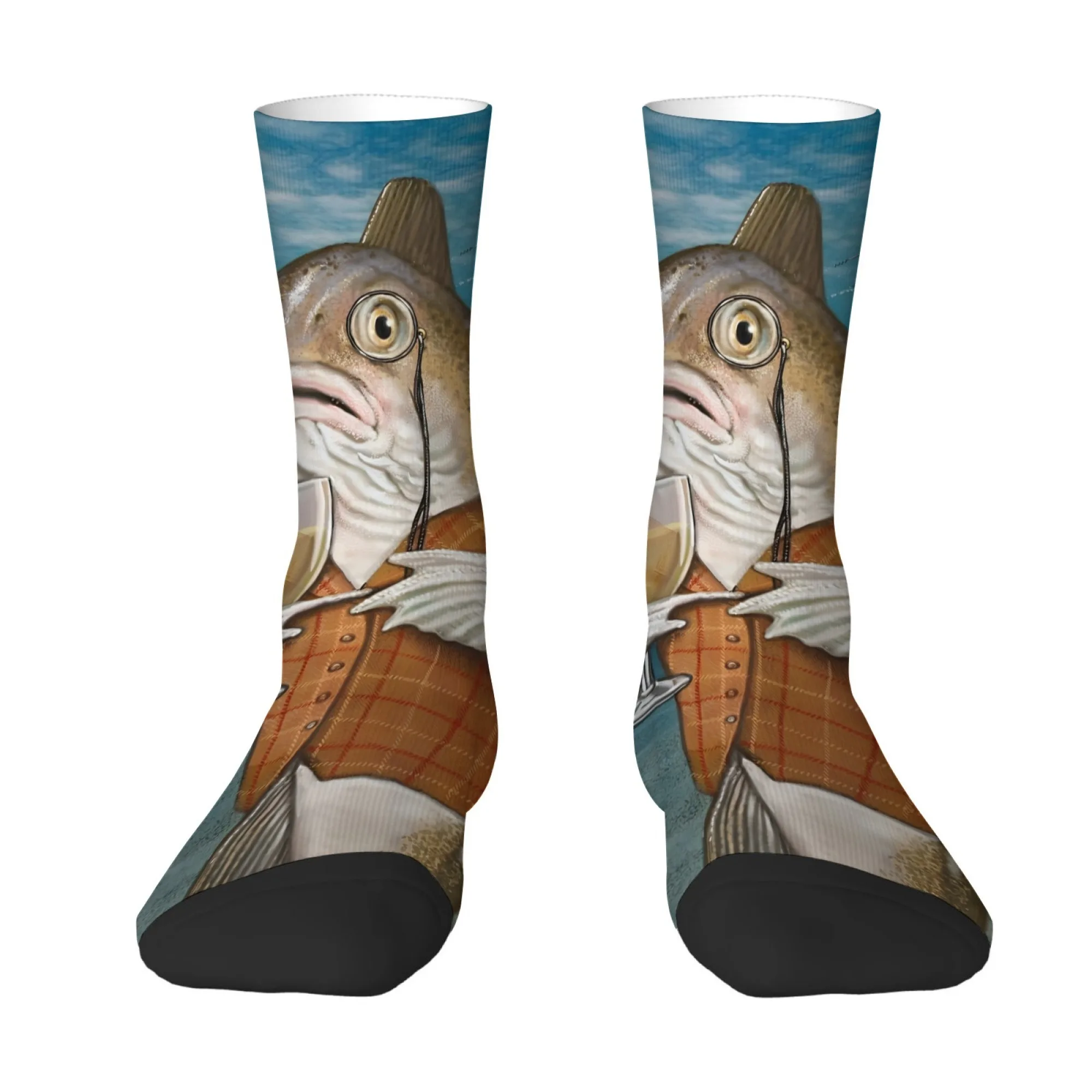 Funny and Quirky Fish Print Men's Socks Skin-friendly Breathable Soft Street Hip-hop Novel Fashionable Retro Cycling Socks