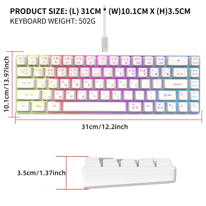 Teclados idioma coreano V200 com 68 teclas 20 retroiluminação RGB perfeitos para substituições teclado pequeno jogos